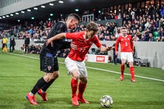 Der Schweizer Nias Hefti (vorne) hält sich den Kroaten Luka Hujber vom Leib. (Bild: Andy Müller / Freshfocus, Kriens, 22. März 2019)