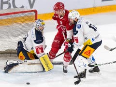 Zugs Goalie Tobias Stephan gerät gegen Lausannes Verteidiger Loïc In-Albon in Bedrängnis. Rechts der Zuger Verteidiger Raphael Diaz (Bild: KEYSTONE/LAURENT GILLIERON)
