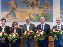 Ab Juli regieren diese fünf das Baselbiet: Bildungsdirektorin Monica Gschwind (FDP), neu-Regierungsrätin Kathrin Schweizer (SP), Sicherheitsdirektor Isaac Reber (Grüne), Finanzdirektor Anton Lauber (CVP) und Volkswirtschafts- und Gesundheitsdirektor Thomas Weber (SVP). (Bild: KEYSTONE/GEORGIOS KEFALAS)