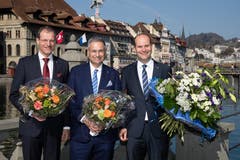 Von links nach rechts: Die gewählten Regierungsräte Reto Wyss (CVP), Guido Graf (CVP) und Fabian Peter (FDP). (Bild: Philipp Schmidli)