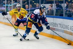 13.04.2019; Zug; Eishockey National League Playoff Final- EV Zug - SC Bern; Beat Gerber (Bern) gegen Dennis Everberg (Zug) (Marc Schumacher/freshfocus)