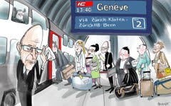 Und Tschüss! In der Schweiz haben immer mehr Städter einen Bachelor, Master oder Doktortitel – allerdings nicht in St. Gallen. Wer studiert oder als Akademiker Fuss fassen will, verlässt die Stadt. Stadtpräsident Thomas Scheitlin die Entwicklung gelassen: Vielleicht kehren die «Botschafter» St.Gallens ja irgendwann zurück. (Illustration: Corinne Bromundt)