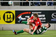 Der Krienser Nikola Mijatovic (unten) stoppt den Aarauer Marco Thaler. (Bild: Marc Schumacher / Freshfocus, Kriens, 2. April 2019)
