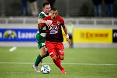 SCK-Spieler Skumbim Sulejmani hält Elsad Zverotic zurück. (Bild: Marc Schumacher / Freshfocus, Kriens, 2. April 2019)