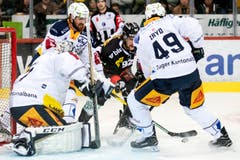 Zugs Torhüter Tobias Stephan verteidigt gegen die Berner. (Bild: KEYSTONE/Alexandra Wey)