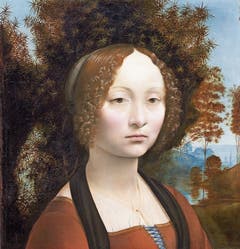 Rechts: Mit dem Bildnis der «Ginevra de’ Benci» revolutioniert Leonardo in den Jahren 1474 bis 1478 die Porträtmalerei. Links oben: In der «Dame mit Hermelin» zeigt da Vinci Cecilia Gallerani, die Mätresse des Mailänder Herzogs Ludovico Sforza. (Bild: Bilder: Getty)