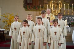 Die Erstkommunikanten in Spiringen beim Singen. (Bild: Franz Imholz, 28. April 2019)