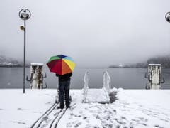 Ein Mann steht mit dem Regenschirm bei der Schiffstation in Brunnen SZ am Donnerstag. (Bild: Keystone/ALEXANDRA WEY)