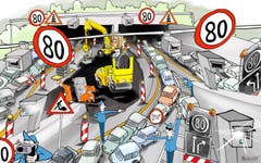 Nervenprobe auf der Stadtautobahn In zwei Jahren beginnt die Sanierung der Stadtautobahn. Autofahrer müssen sich auf jahrelange Behinderungen gefasst machen – und zwar nicht nur auf Baustellen. Um Unfällen vorzubeugen, hat die Polizei bereits Temporeduktionen und verschärfte Kontrollen angekündigt. (Illustration: Corinne Bromundt, 16. März 2019)