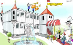 Luxus im Provisorium Für den Nachwuchs ist nur das Beste gut genug. Kein Wunder, lässt die Direktion Bildung und Freizeit für Millionen Container aufstellen, in denen Schulkinder ausserfamiliär betreut werden. Es mangelt an nichts. Alles ist perfekt. Dem Vernehmen nach fühlen sich die Kinder derart wohl, dass sie gar nicht mehr heimwollen. (Illustration: Corinne Bromundt, 2. März 2019