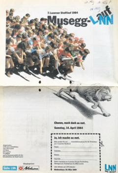 «Dem schnellen Löwen auf der Spur» – Inserat in der LNN zur 7. Ausgabe des Musegglaufs im Jahr 1984. Und es wirkte offenbar: Das erste Mal konnten die Organisatoren über 3000 Anmeldungen verzeichnen. (Bild: PD/Verein Luzerner Stadtlauf)
