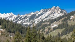 Ausblick vom Ober-Gründli auf Glaubenbergstrasse Richtung der immer noch winterlichen Änggelaueneflue - Äbnistettenflue - Torflue. (Bild: Hubert Zurbuchen, Ober-Gründli, 1. Mai 2019)