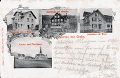 Postkarte aus dem Jahr 1906 aus Grabs, in der Mitte das Gasthaus zur Glocke.