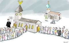 Ohne Predigt Das Seelsorgeteam der evangelisch-reformierten Kirchgemeinde Straubenzell hat sich ein temporäres Predigtverbot auferlegt. Statt einer Predigt sind im Mai Theater, Gesang und Workshops im Angebot. Die ersten Erfahrungen sind positiv, den Gottesdienstbesuchern gefällt’s. Noch halten die Katholiken an der Sonntagspredigt fest. (Illustration: Corinne Bromundt)
