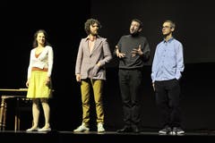 Projekt «Zeitsprung» im Theater Uri: (von links): Ivana Martivovic, Mario Schelbert, Rolf Sommer und Benjamin Kluser. (Bild: Urs Hanhart, Altdorf, 10. Mai 2019)