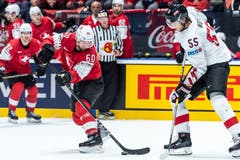 Tristan Scherwey (links) vor Raphael Wolf am Puck. (Bild: Melanie Duchene / Keystone, Bratislava, 14. Mai 2019)