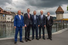Der Luzerner Regierungsrat (von links): Paul Winiker, Reto Wyss, Guido Graf, Fabian Peter und Marcel Schwerzmann. (Bild: Dominik Wunderli)