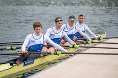 Die Schweizer Ruderer im Doppelvierer mit Linus Copes, Scott Bärlocher, Kai Schätzle und Pascal Ryser (von links) während dem Training. (Bild: Urs Flüeler / Keystone, Luzern, 29. Mai 2019)