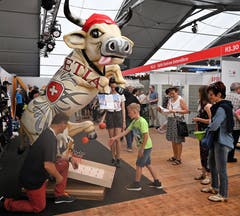 Eine besondere Attraktion: Die als Olympia-Maskottchen um die Welt gereiste Kuh von Designer Oliver Fuchs ist pünktlich zur «Iheimisch» zurück. Thomas wirft ihr einen Ball zu. (Bild: Romano Cuonz Freitag 31. Mai 2019)