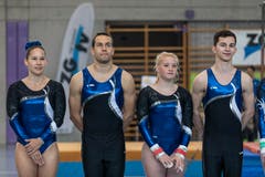 Marisa Gnos, Oliver Mueller, Simone Schmid, Yannick Burkart, alle TV Hünenberg (v.l.n.r.). Impression vom 31. Zuger Getu Cup in der Dreifachturnhalle Ehret in Hünenberg. (Bild: Patrick Hürlimann, Hünenberg, 4. Mai 2019)