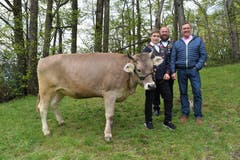 Der vierte Lebendpreis am Isaf 2019, OB-Rind Mena, mit Daniel und Walter Kempf sowie Franzsepp Arnold, Arnold & Co. AG (von links). (Bild: PD)