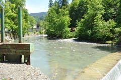 Wer nicht direkt beim Rolls-Royce-Museum parkiert, folgt dem Fluss bis zum Anfang des Wanderweges.
