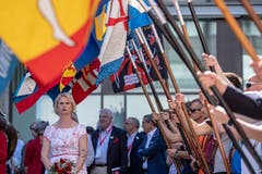 Die offizielle Fahnenübergabe vom OK Biel 2013 an das OK Aarau 2019 fand am Nachmittag statt. (Bild: Urs Flüeler/Keystone)