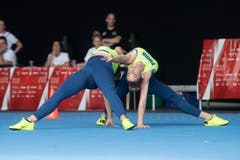 Jasmin Bucheli und Joy Märki vom BTV Luzern bei ihrer Aerobic-Übung.(Bild: Boris Bürgisser, Aarau, 14. Juni 2019)
