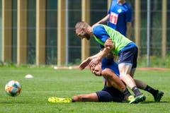 Lucas Alves (unten) gegen Christian Schneuwly. (Bild: Martin Meienberger / Freshfocus, Luzern, 17. Juni 2019)