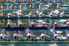 Kurz nach dem Start schon voll in Fahrt: Die Ruder-Achter an der EM auf dem Rotsee. (Bild: Roman Beer, Luzern, 2. Juni 2019)