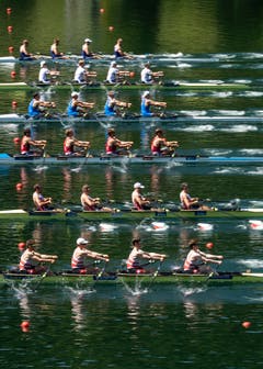 Die Doppelvierer-Teams im Halbfinale vom Samstag: Von unten nach oben die Schweiz, Polen, die Niederlanden, Italien, Norwegen und Estland. (Bild: Alexandra Wey/Keystone)