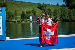 Die Freude ist gross! Das Duo Merz/Rol hat schon vor einem Jahr in Glasgow Bronze geholt. (Bild: Roger Grütter, 2. Juni 2019)