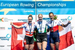 Die Irin Sanita Puspure wurde Erste, Jeannine Gmelin gewann Silber und Bronze ging an die Tschechin Miroslava Tpoinkove Knapkova. (Alexandra Wey/Keystone, 2. Juni 2019)