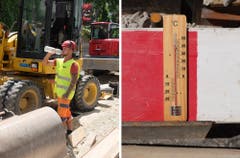 Die Anzeige im Thermometer steigt und steigt. Auf dieser Baustelle in Frauenfeld ist es besonders heiss. (Bild: Stefan Hilzinger / Thurgauer Zeitung)