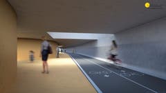 Durch den Einfall von Tageslicht soll der breite Tunnel für Fussgänger und Velofahrer freundlicher wirken als eine konventionelle Unterführung. (Bild: Heliobus AG/PD)