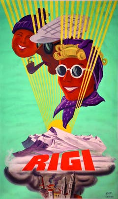 Hier mit einem Plakat für den «Zürchermarkt» aus der Zeit 1930-1940. Unten ist im Nebelgrau das Zürcher Münster erkennbar. (Bild: Albert Rüegg/ Druckerei unbekannt)