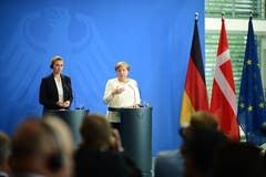Während der gemeinsamen Pressekonferenz äusserte sich Merkel zu den Zitteranfällen: «Ich weiss um die Verantwortung meines Amtes , deshalb hande ich auch dementsprechend, was meine Gesundheit anbelangt.“ (AP Photo/Markus Schreiber)