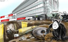 Die Anfänge der Autostadt. An der Kirchgasse ist man bei Grabarbeiten für einen Unterflurbehälter auf 63 Skelette gestossen. Unweit davon, auf der anderen Seite des Unteren Grabens, wird derzeit noch viel tiefer gegraben für das Parkhaus UG 25. Die Archäologen sind gespannt. Was sie dort wohl alles finden werden und untersuchen dürfen? (Illustration: Corinne Bromundt - 13. Juli 2019)