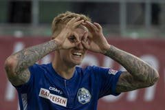 Luzerns Marvin Schulz jubelt nach dem zweiten Luzerner Tor. (Bild: KEYSTONE/Georgios Kefalas, St. Gallen, 20. Juli 2019)