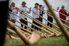Auf der Rigi Staffelhöhe fanden sich am Sonntag 26 Alphornbläser zu einem improvisierten Konzert ein. (Bild: Nadia Schärli, Rigi Staffelhöhe, 21. Juli 2019)