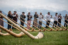 Auf der Rigi Staffelhöhe fanden sich am Sonntag 26 Alphornbläser zu einem improvisierten Konzert ein. (Bild: Nadia Schärli, Rigi Staffelhöhe, 21. Juli 2019)
