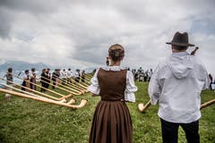 Auf der Rigi Staffelhöhe fanden sich am Sonntag 26 Alphornbläser zu einem improvisierten Konzert ein. (Bild: Nadia Schärli, Rigi Staffelhöhe, 21. Juli 2019)