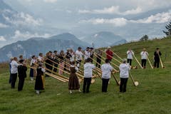 Auf der Rigi Staffelhöhe fanden sich am Sonntag 26 Alphornbläser zu einem improvisierten Konzert ein. (Bild: Nadia Schärli, Rigi Staffelhöhe, 21. Juli 2019)