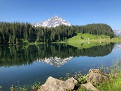Am frühen Vormittag herrscht idyllische Ruhe am Golzernsee mit Blick Bristenstock. Der See lädt zum Baden ein. (Bild: Peter Arnold, 28. Juni 2019)