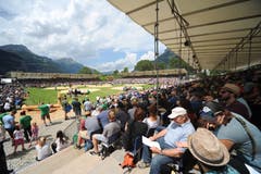 Ein Blick von der Tribüne auf die Arena am 113. Innerschweizer Schwingfest in Flüelen. (Urs Hanhart, 7. Juli 2019)