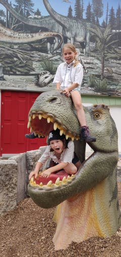 Kapitän Hinkebein schickte seine Crew ins Dinosariermuseum Aathal. Statt dem erwarten Gold und Juwelen war der Schatz jedoch ein Alosaurusskelett, welches natürlich im Museum gelassen werden musste. (Bild: Pfadi Baar, Wölfli, 8. Juli 2019)