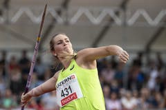 Kelsey-Lee Barber beim Speerwerfen. (KEYSTONE/Alexandra Wey)