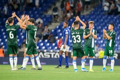Die Spieler von Espanyol jubeln nach dem gewonnen Spiel. Bild: Freshfocus / Martin Meienberger (Barcelona, 15. August 2019)