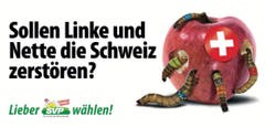 Das aktuelle Plakat zeigt die politischen Gegner, die Parteien und die EU, als Gewürm. Diesmal auch für SVPler zu viel des Guten. (Foto: SVP)