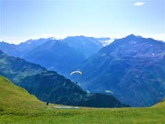 Zwei Gleitschirmflieger sind startklar für ihren Flug von den Planplatten/BE. Einer ist bereits in der Luft. Der Andere wird noch folgen. (Bild: Urs Gutfleisch, Hasliberg, 23. August 2019)